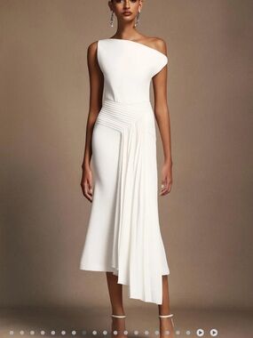 Asymmetric One-Shoulder White Midi Dress
